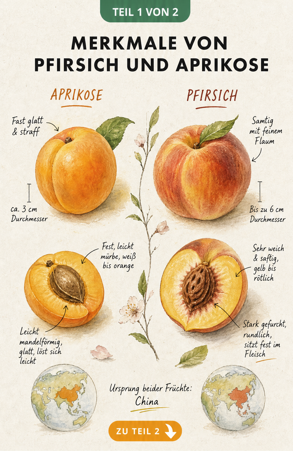 Botanische Illustration, die die Unterschiede zwischen Pfirsich und Aprikose in Größe, Schale und Fruchtfleisch zeigt