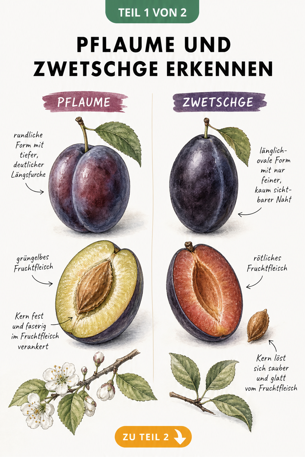 Botanische Illustration von Pflaume und Zwetschge im Vergleich, ganz und halbiert, mit Merkmalen wie Form, Furche und Kernhaftung.