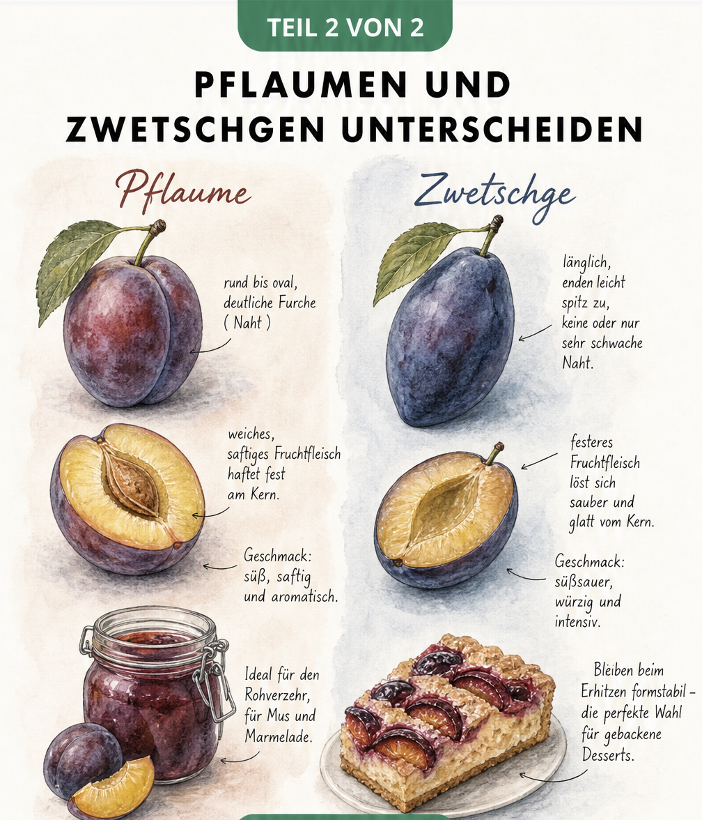 Vergleichsgrafik zwischen runden Pflaumen mit Naht und länglichen Zwetschgen ohne Naht, inklusive Verwendungstipps