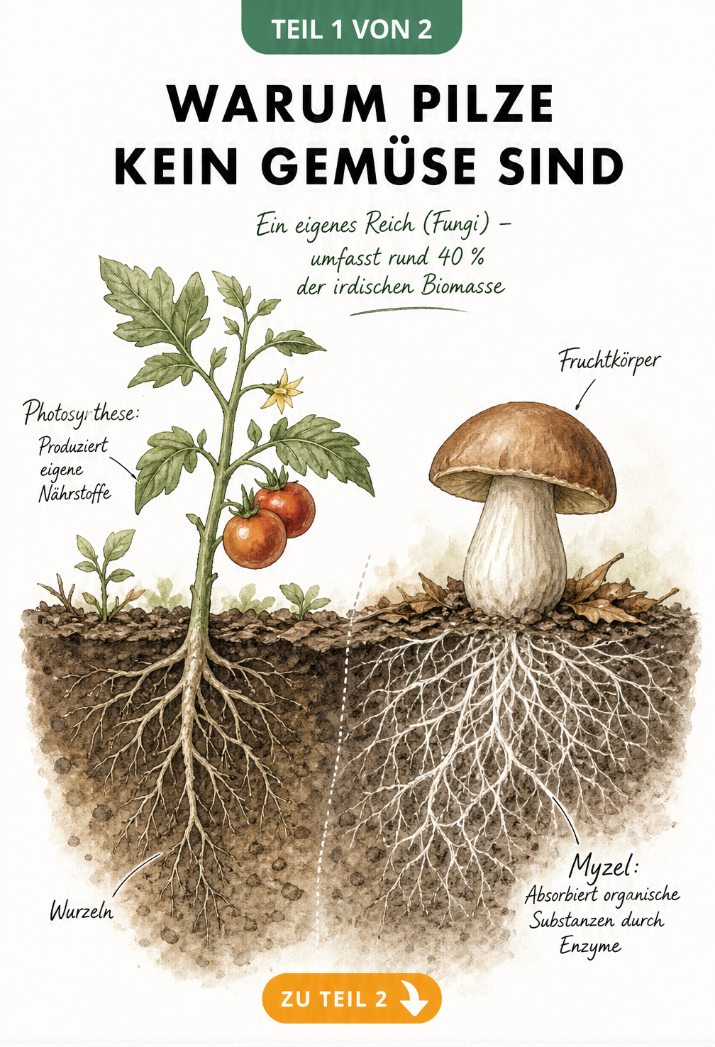 Botanische Lehrtafel, die den Unterschied zwischen einer Gemüsepflanze mit Wurzeln und einem Pilz mit Myzel im Erdboden zeigt.
