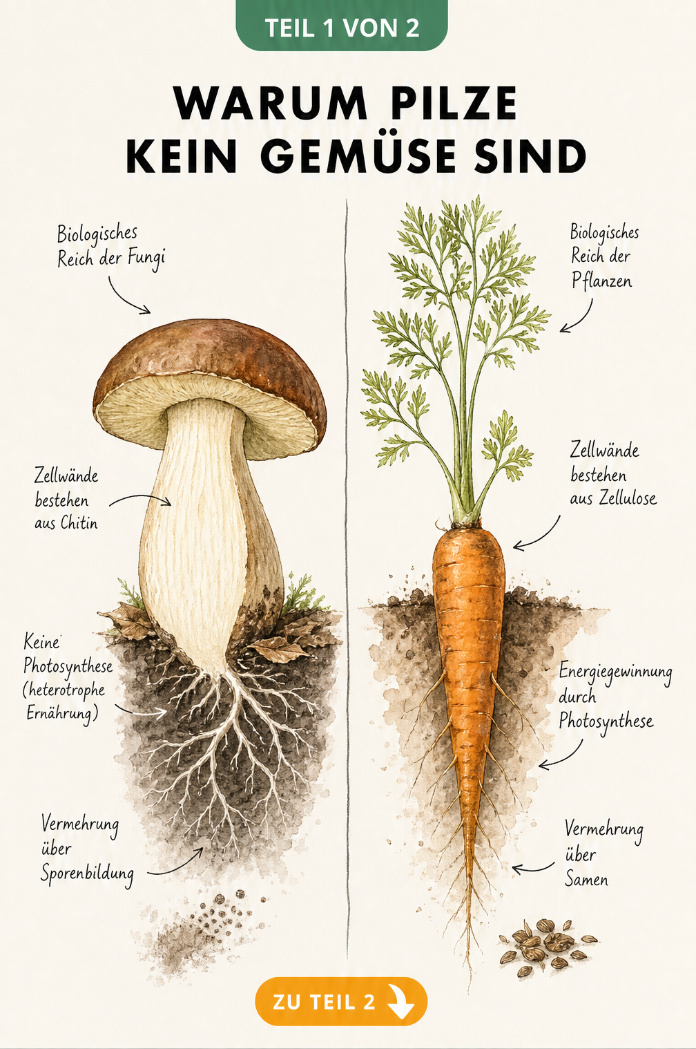 Botanische Gegenüberstellung von Steinpilz und Karotte mit Erklärungen zu Fungi und Pflanzen