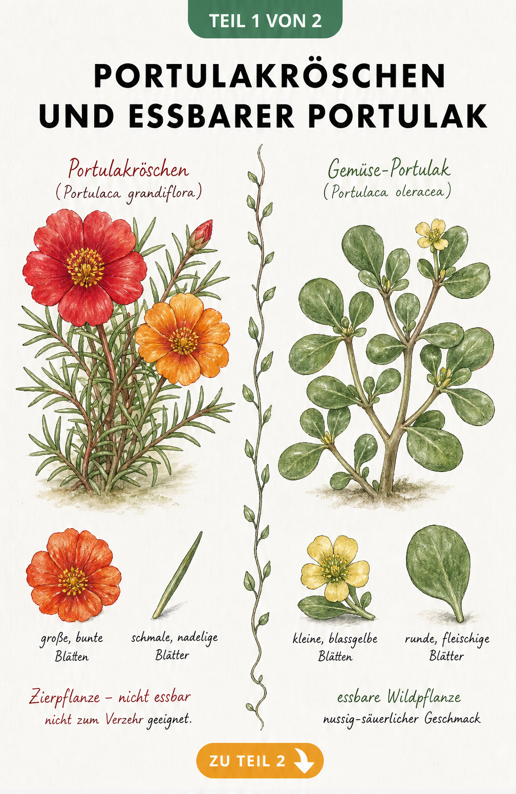 Botanische Illustration: Vergleich zwischen dem giftigen Portulakröschen mit bunten Blüten und dem essbaren Gemüse-Portulak mit dicken Blättern.