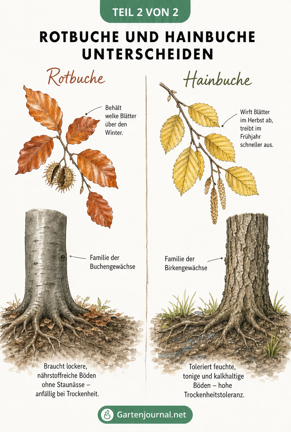 Gegenüberstellung von Rotbuche und Hainbuche mit Details zu Blättern, Rinde und Bodenansprüchen