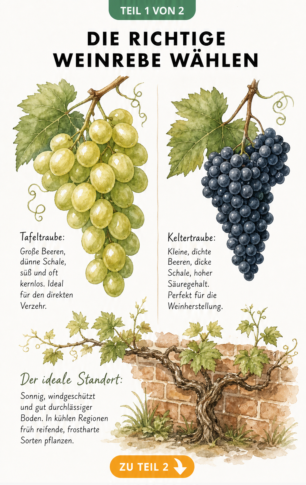 Illustration einer Tafeltraube und einer Keltertraube im Vergleich sowie ein Rebstock an einer Ziegelmauer