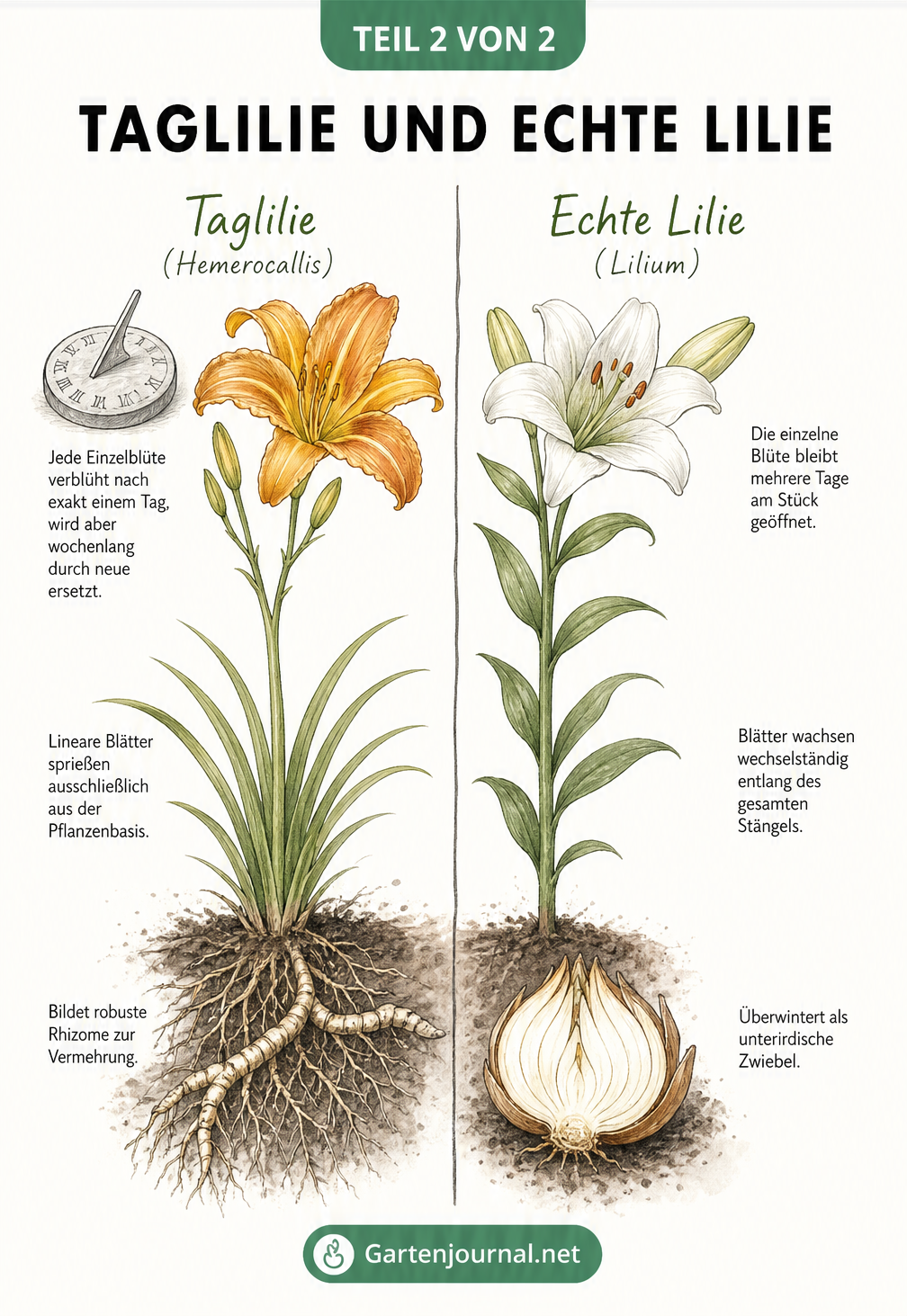 Vergleich der botanischen Merkmale von Taglilie und echter Lilie mit Fokus auf Wurzeln, Blätter und Blüten