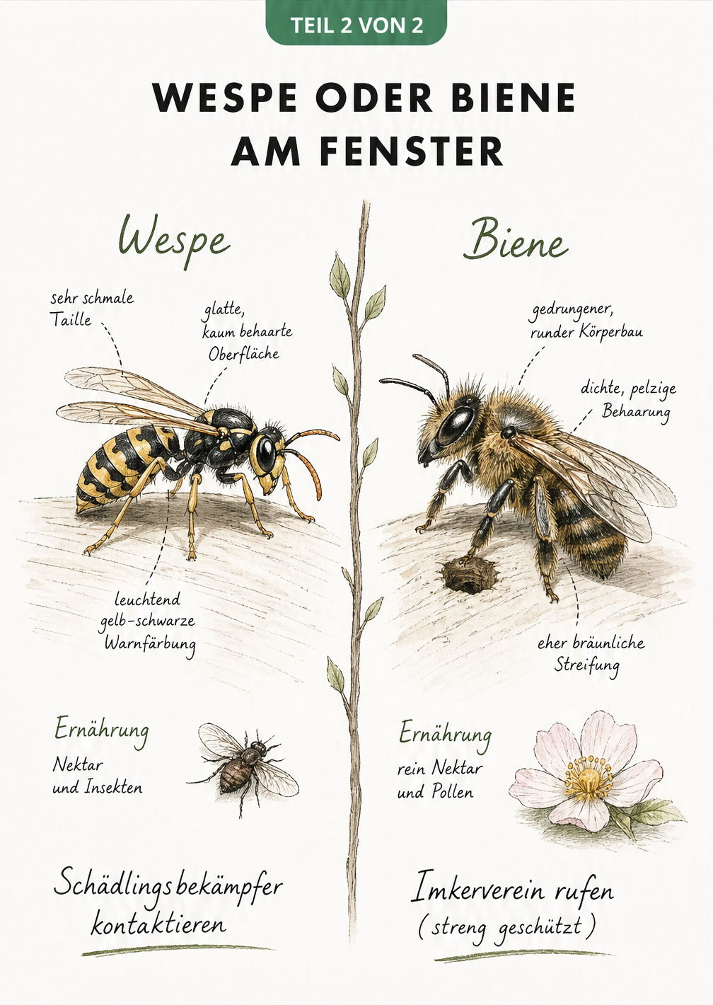 Gegenüberstellung von Wespe und Wildbiene am Fensterholz mit anatomischen Merkmalen