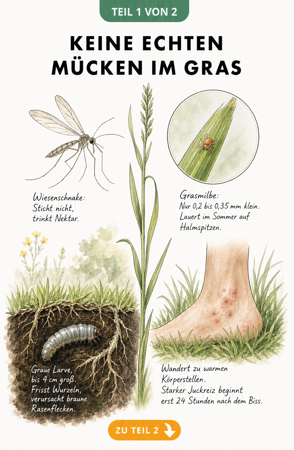 Illustration einer harmlosen Wiesenschnake und ihrer Larve im Vergleich zu einer winzigen Grasmilbe auf einem Grashalm