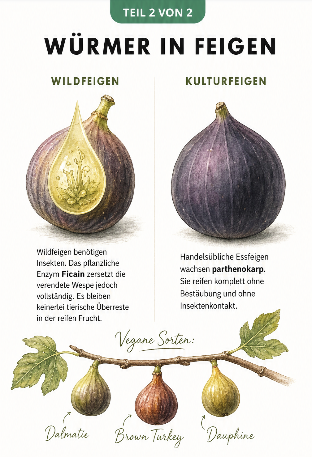 Vergleich zwischen einer Wildfeige mit Wespe und einer Supermarkt-Feige ohne Insektenkontakt