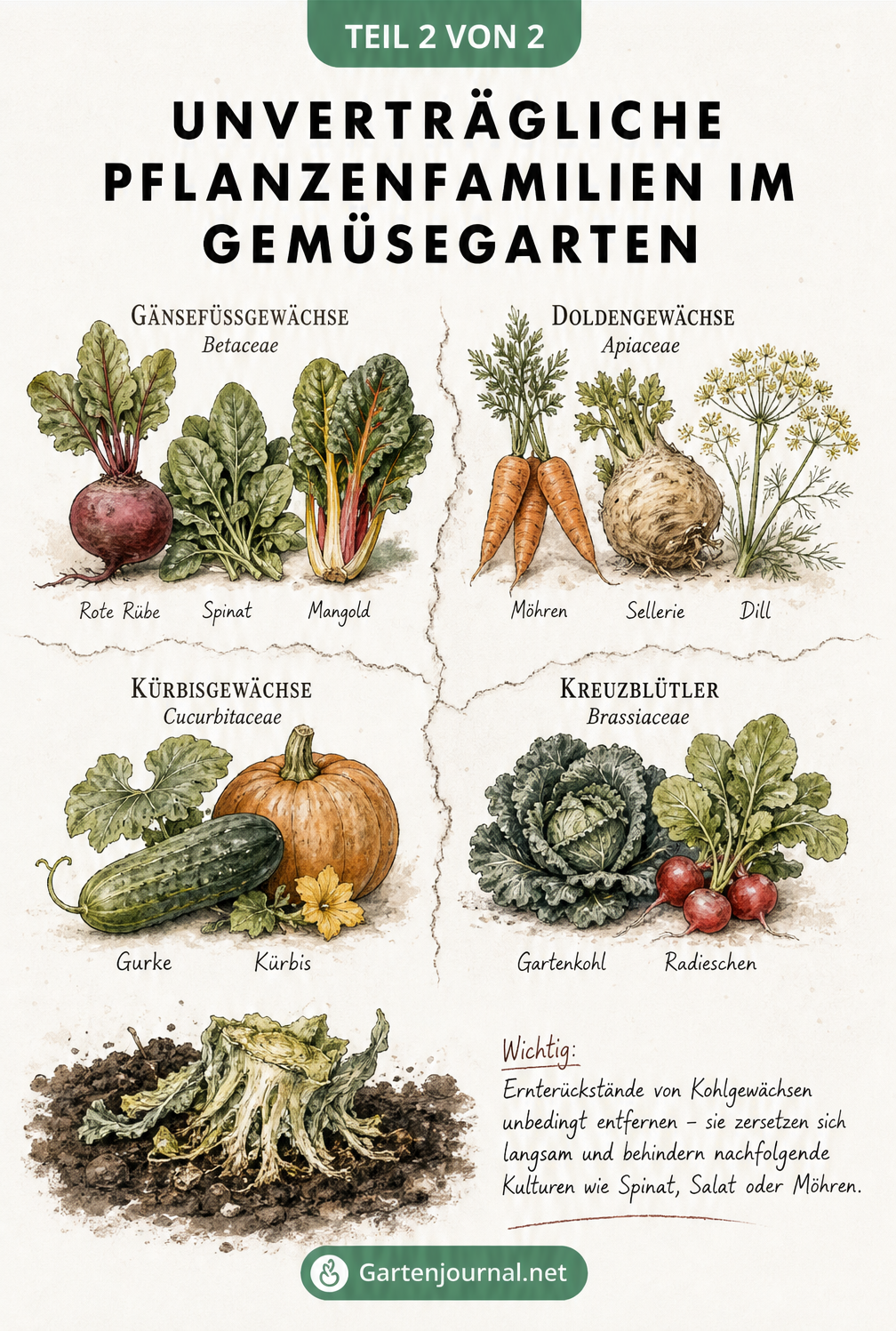 Illustration von vier unverträglichen Pflanzenfamilien im Gemüsegarten: Gänsefußgewächse, Doldengewächse, Kürbisgewächse und Kreuzblütler
