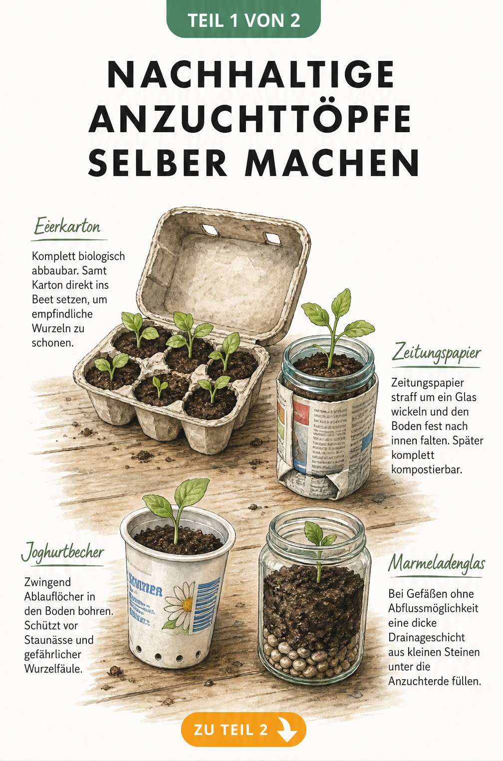 Illustration von vier Upcycling-Anzuchttöpfen auf einem Pflanztisch: Eierkarton, Zeitungspapier, Joghurtbecher und Marmeladenglas.