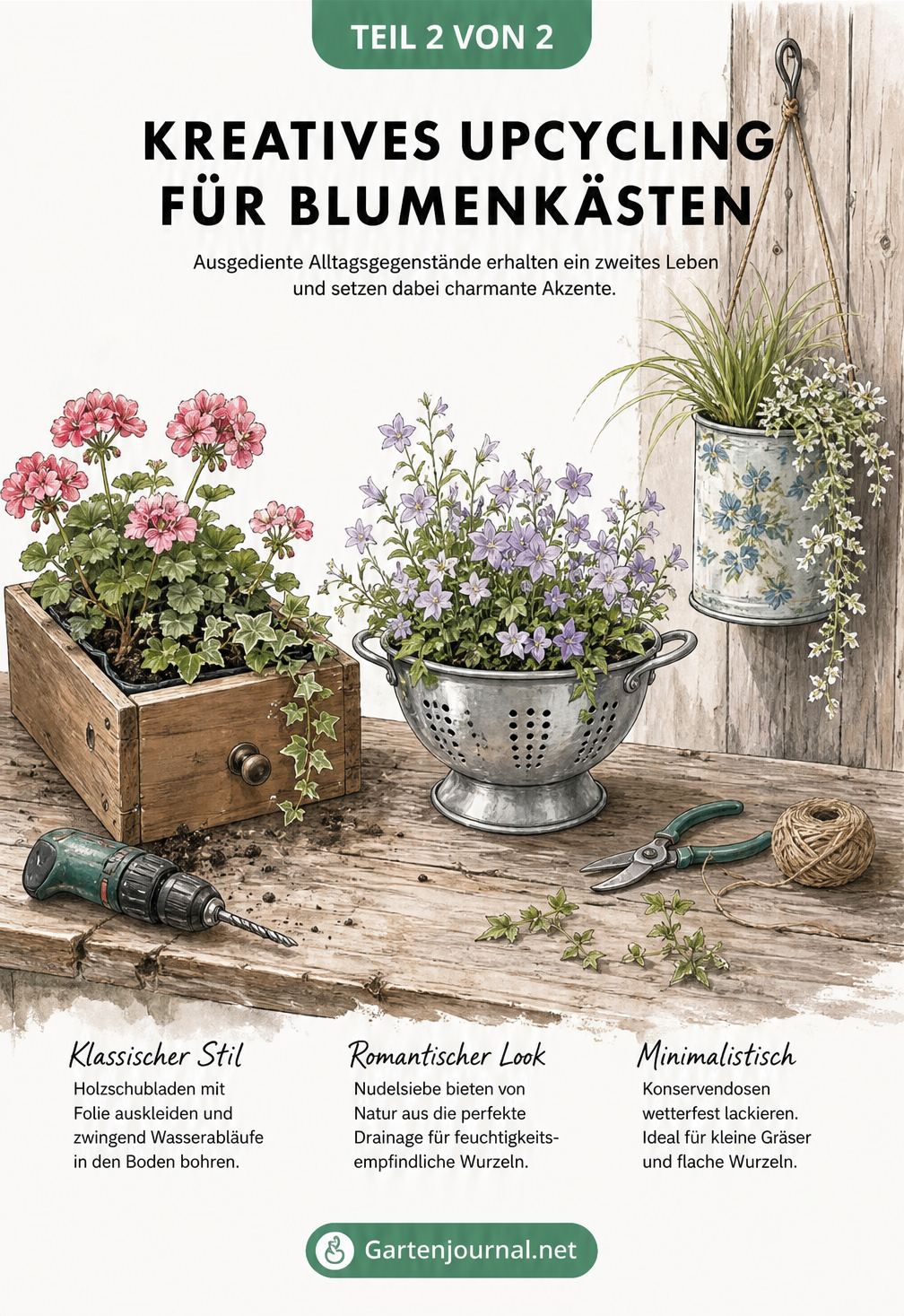 Illustration einer Werkbank mit bepflanzter Holzschublade, Nudelsieb und Konservendose als Upcycling-Blumenkästen