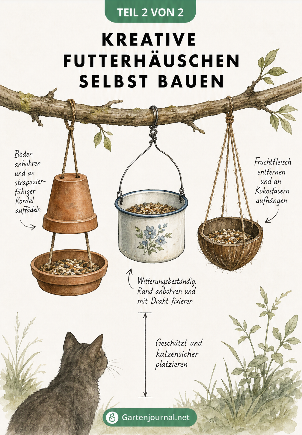 Illustration von drei Upcycling-Futterstellen an einem Ast: Blumentöpfe, Emailletopf und Kokosnuss