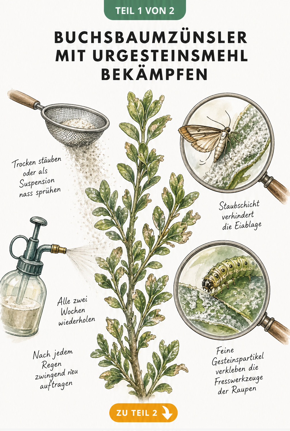 Illustration eines Buchsbaumzweigs, der mit Urgesteinsmehl bestäubt und besprüht wird, um den Buchsbaumzünsler abzuwehren.