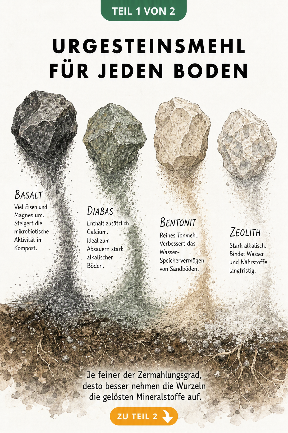 Illustration von vier Gesteinsbrocken wie Basalt, Diabas, Bentonit und Zeolith, die zu feinem Urgesteinsmehl zerfallen und sich mit Erdschichten verbinden.