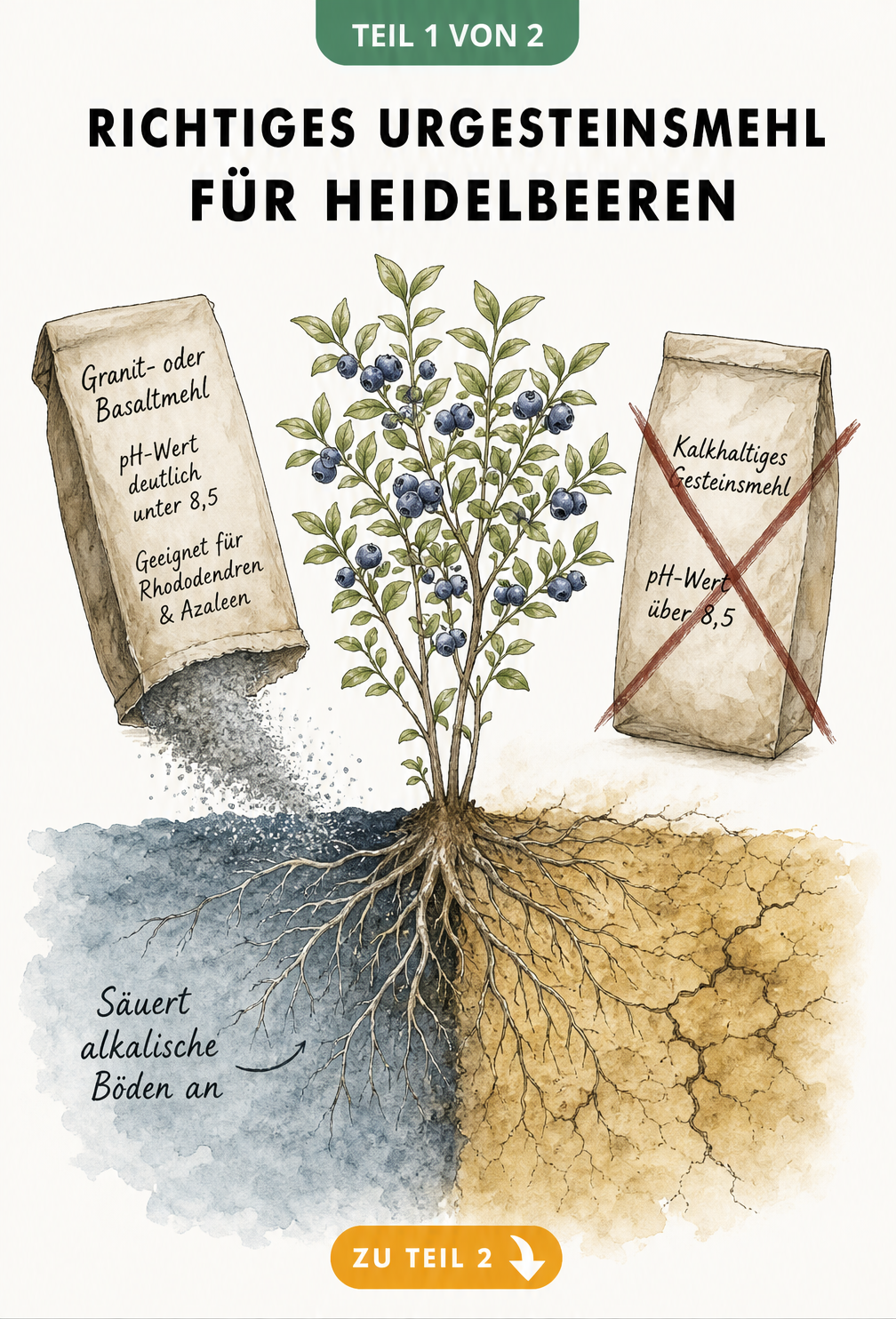 Botanische Illustration eines Heidelbeerstrauchs, die zeigt, wie Granit- oder Basaltmehl den Boden für Heidelbeeren ansäuert.