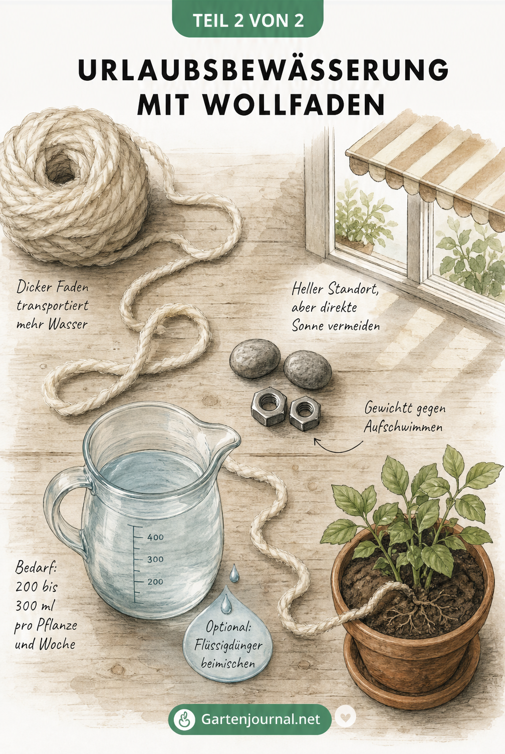 Flatlay-Illustration: Utensilien für die Urlaubsbewässerung mit Wollfaden, Wasserglas und Gewichten