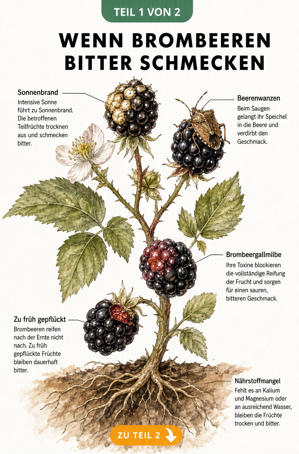 Botanische Illustration eines Brombeerzweigs mit Erklärungen zu Ursachen für bittere Früchte wie Sonnenbrand, Beerenwanze, Brombeergallmilbe und...