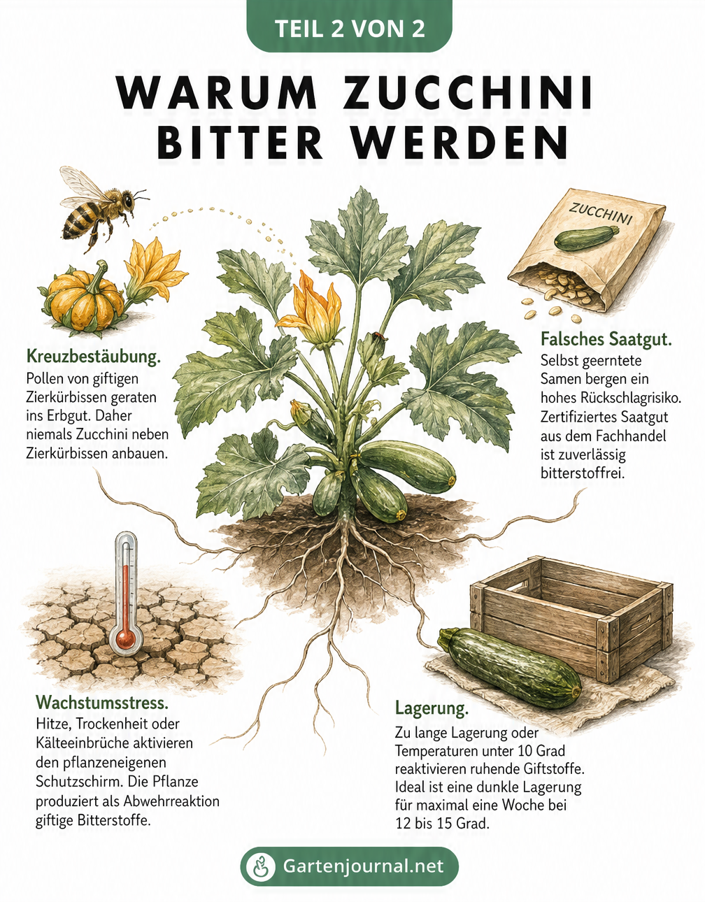 Aquarell-Illustration einer Zucchinipflanze mit vier Störfaktoren: Kreuzbestäubung, falsches Saatgut, Wachstumsstress und falsche Lagerung