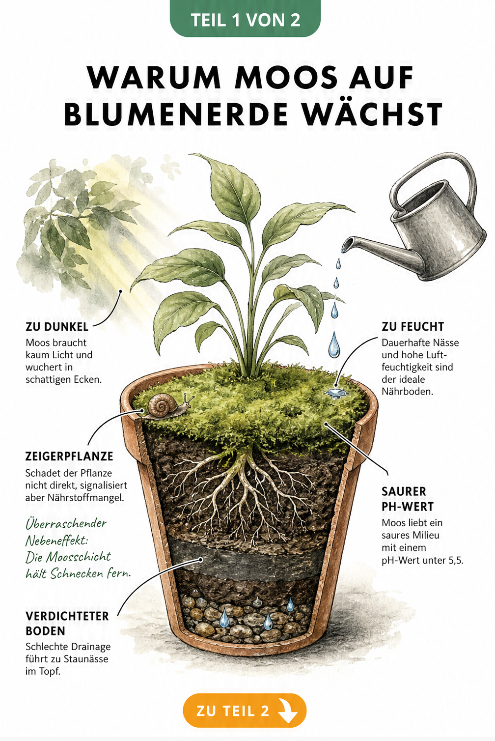 Querschnitt eines Blumentopfs mit Moos auf der Erde, der Ursachen wie zu viel Feuchtigkeit, Schatten und verdichteten Boden zeigt.