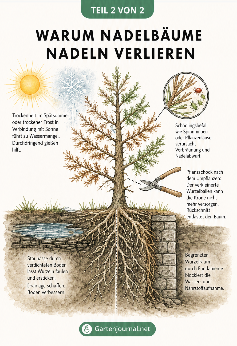 Querschnitt-Illustration eines kranken Nadelbaums mit Ursachen für Nadelverlust wie Trockenheit, Staunässe und Schädlinge