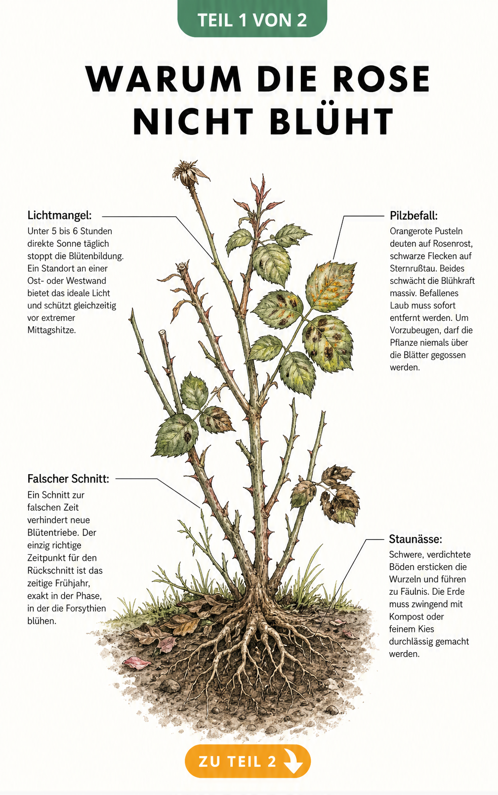 Botanische Illustration eines Rosenstrauchs mit Ursachen für fehlende Blüten wie Lichtmangel, Pilzbefall, falscher Schnitt und Staunässe
