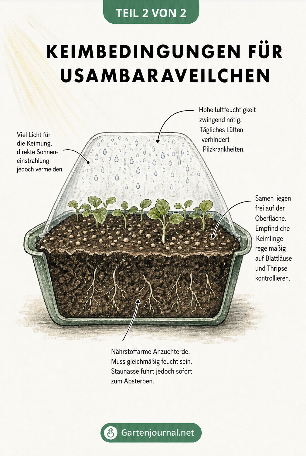Querschnittszeichnung eines Anzuchtgefäßes für Usambaraveilchen mit Hinweisen zu Luftfeuchtigkeit, Licht, Aussaat und Erde.