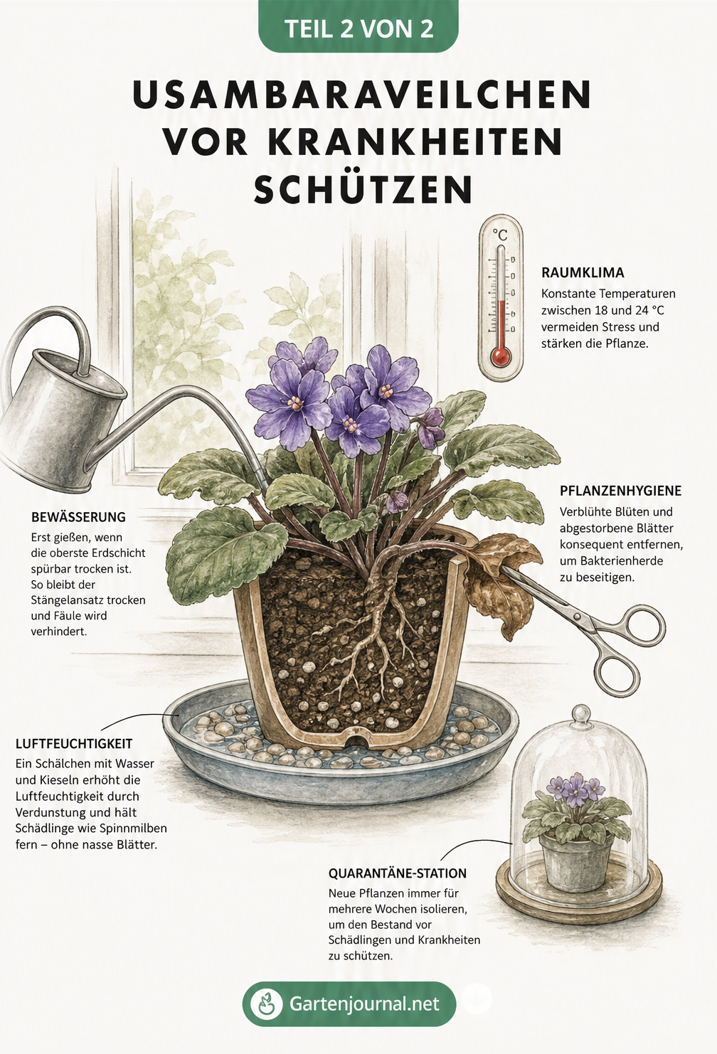 Schnittzeichnung eines Usambaraveilchens im Topf auf der Fensterbank mit Hinweisen zu optimalem Raumklima, Bewässerung und Hygiene
