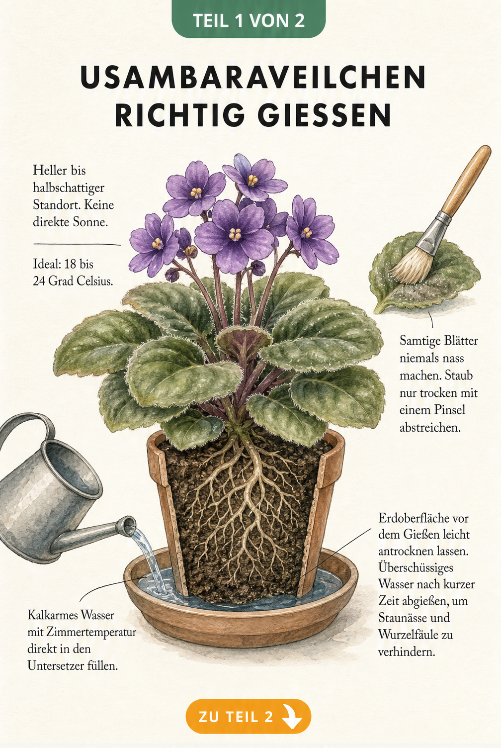 Botanische Illustration eines Usambaraveilchens im Querschnitt mit Hinweisen zum richtigen Gießen über den Untersetzer und zur Blattpflege.