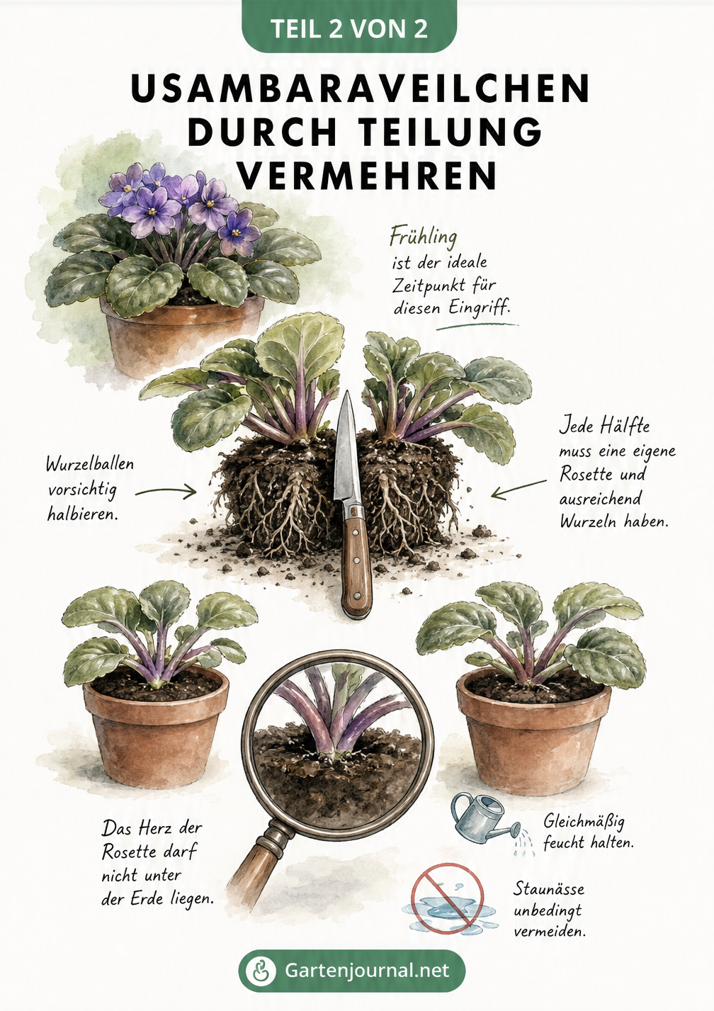 Aquarell-Zeichnung einer Usambaraveilchen-Pflanze, deren Wurzelballen mit einem Messer geteilt wird, und zwei neu eingetopften Rosetten