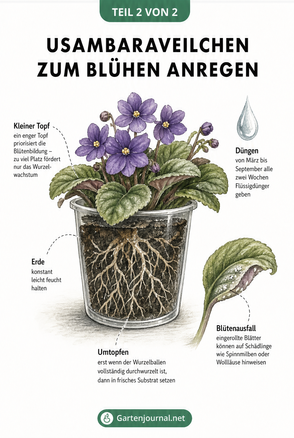 Botanische Zeichnung eines Usambaraveilchens im Querschnitt mit Wurzelwerk und Hinweisen zu Topfgröße und Düngung
