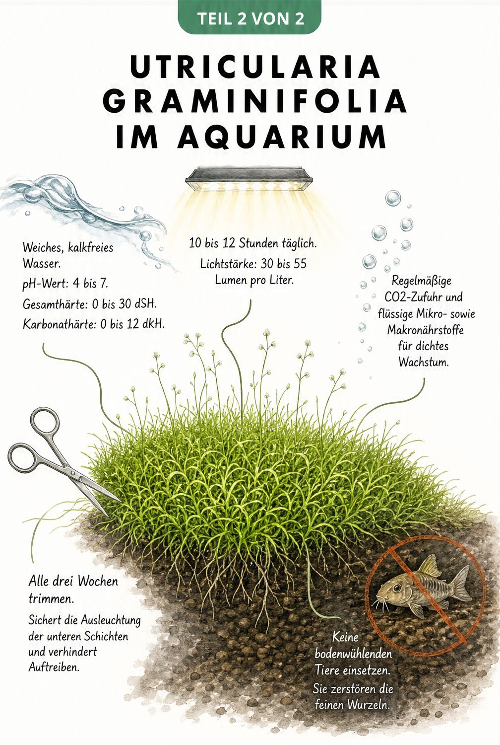 Illustration eines dichten Utricularia-Teppichs mit Hinweisen zu Beleuchtung, Wasserwerten, Nährstoffen und Pflege
