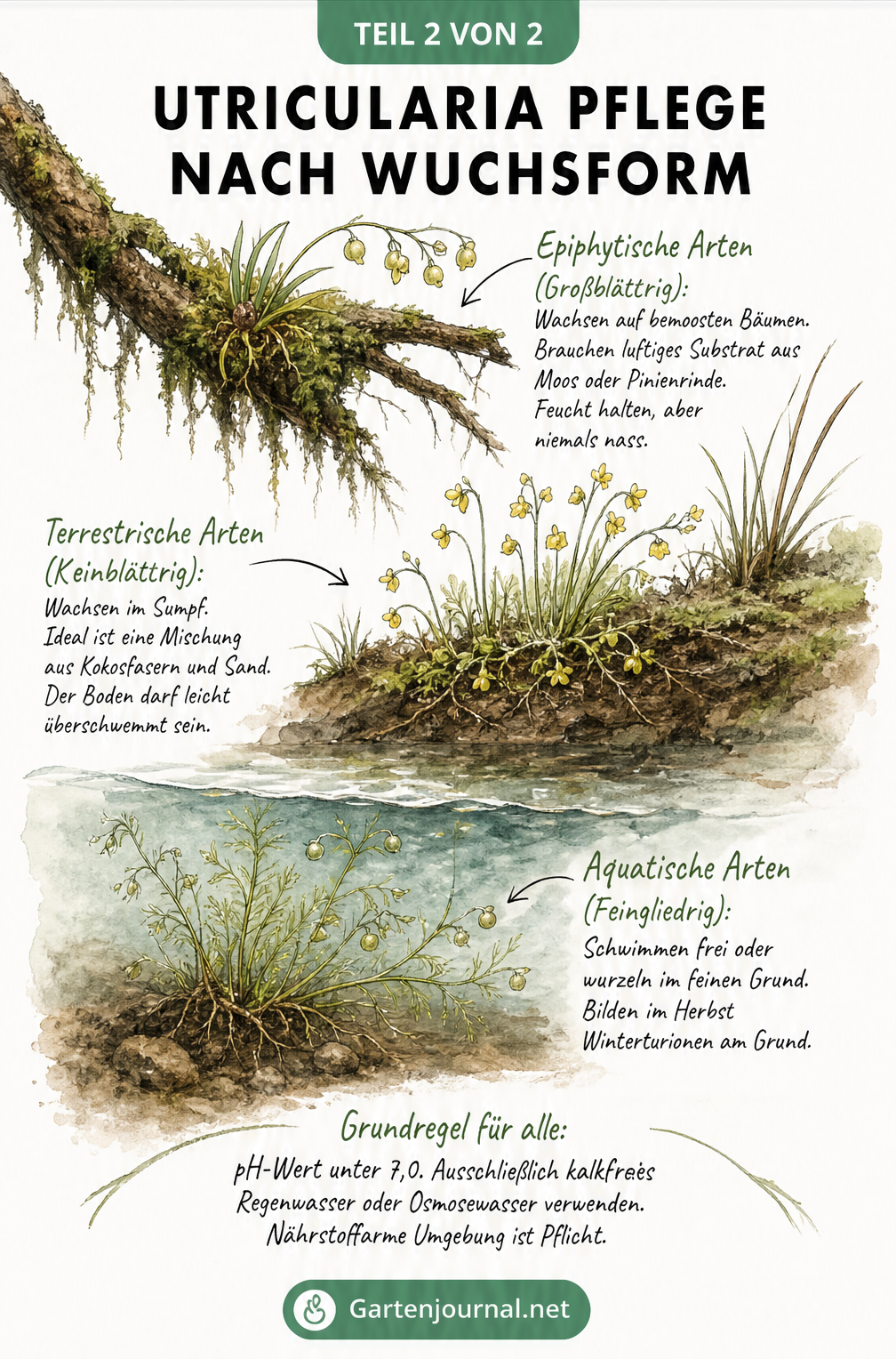 Illustration der drei Wuchsformen von Utricularia: epiphytisch, terrestrisch und aquatisch mit Pflegehinweisen