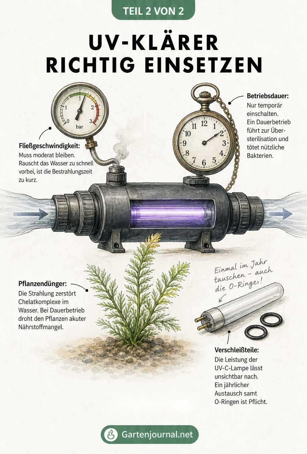 Skizze eines UV-Klärers mit Manometer, Taschenuhr und welkender Wasserpflanze