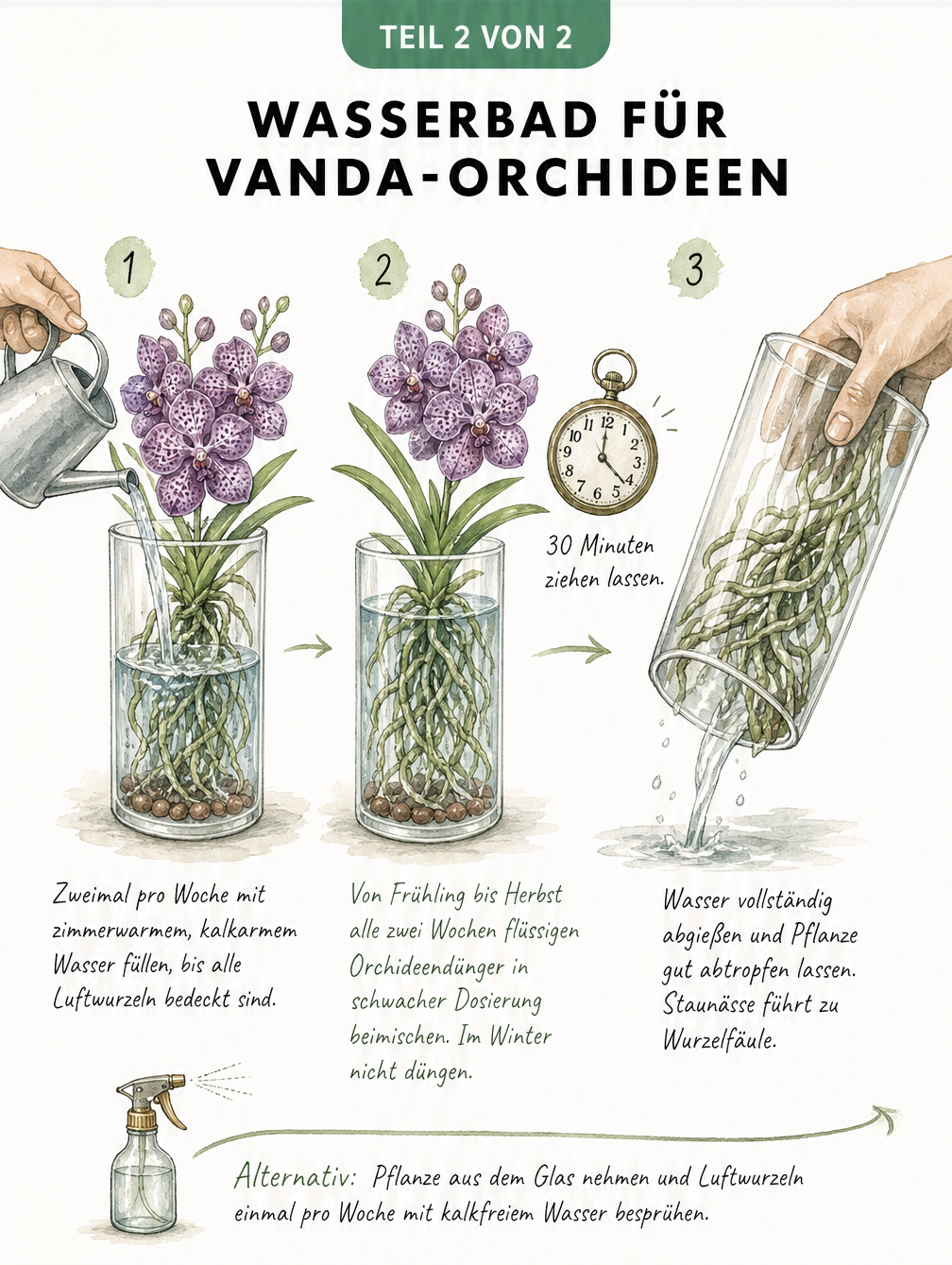 Illustration der drei Schritte zum Gießen einer Vanda-Orchidee im Glas: Wasser einfüllen, 30 Minuten ziehen lassen und vollständig abgießen