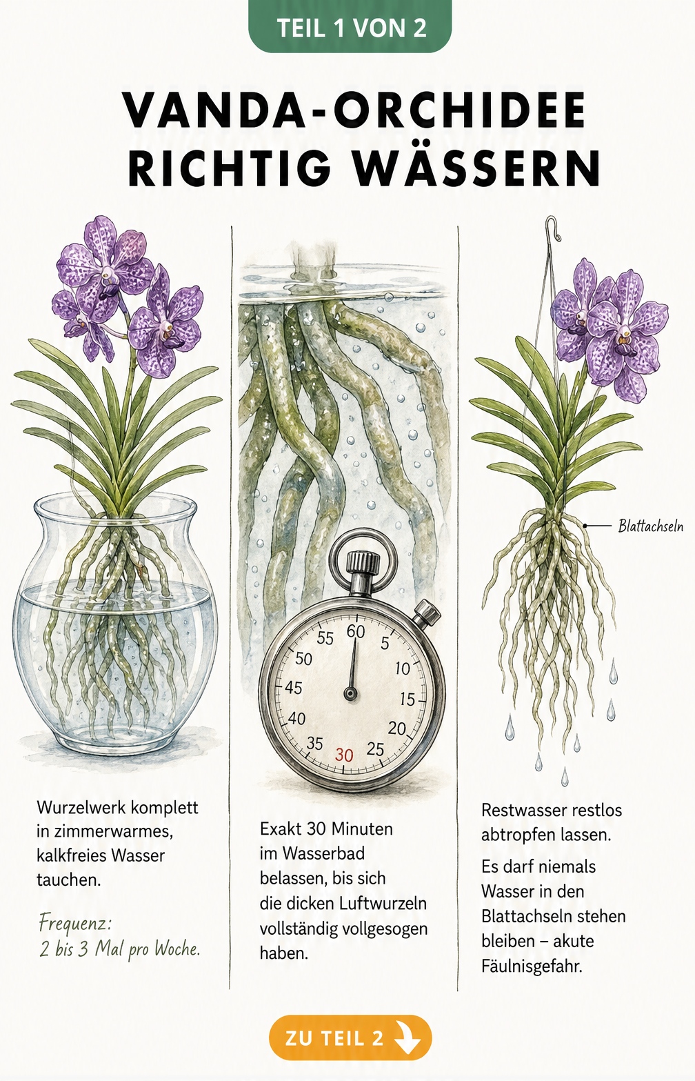 Illustration einer Vanda-Orchidee beim Wasserbad in einer Glasvase mit Stoppuhr und abtropfenden Wurzeln