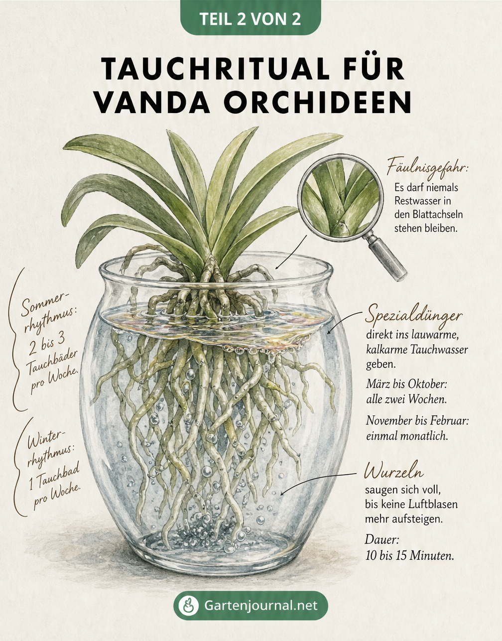 Querschnitt-Zeichnung einer Vanda Orchidee beim Tauchbad in einem Glasgefäß, das die Wasser- und Nährstoffaufnahme über die Wurzeln visualisiert.