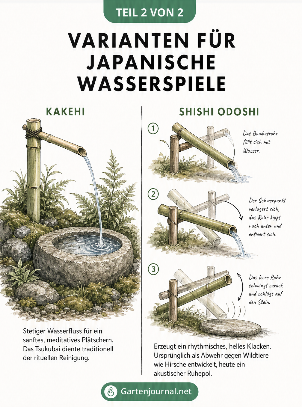 Illustration der zwei japanischen Wasserspiel-Varianten Kakehi und Shishi Odoshi