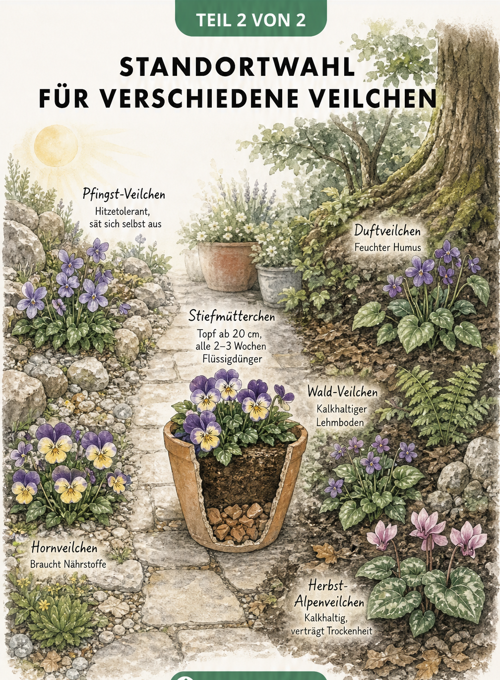Illustration verschiedener Veilchenarten in ihren bevorzugten Umgebungen: Pfingst-Veilchen und Hornveilchen im Steingarten, Stiefmütterchen im Topf auf der...