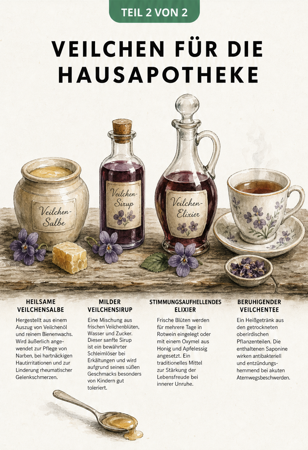 Illustration von Apothekergefäßen mit Veilchensalbe, Veilchensirup, Veilchenelixier und Veilchentee