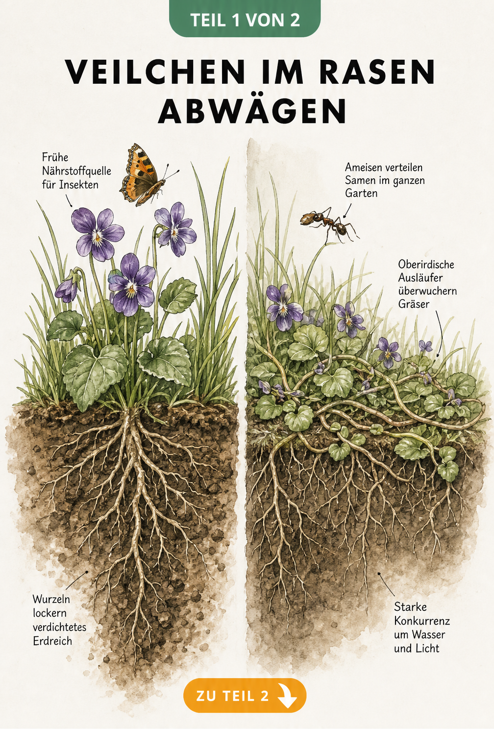 Botanische Querschnitt-Illustration eines Rasens mit Duftveilchen, die Vor- und Nachteile wie Nährstoffquelle für Insekten und Konkurrenz um Wasser...