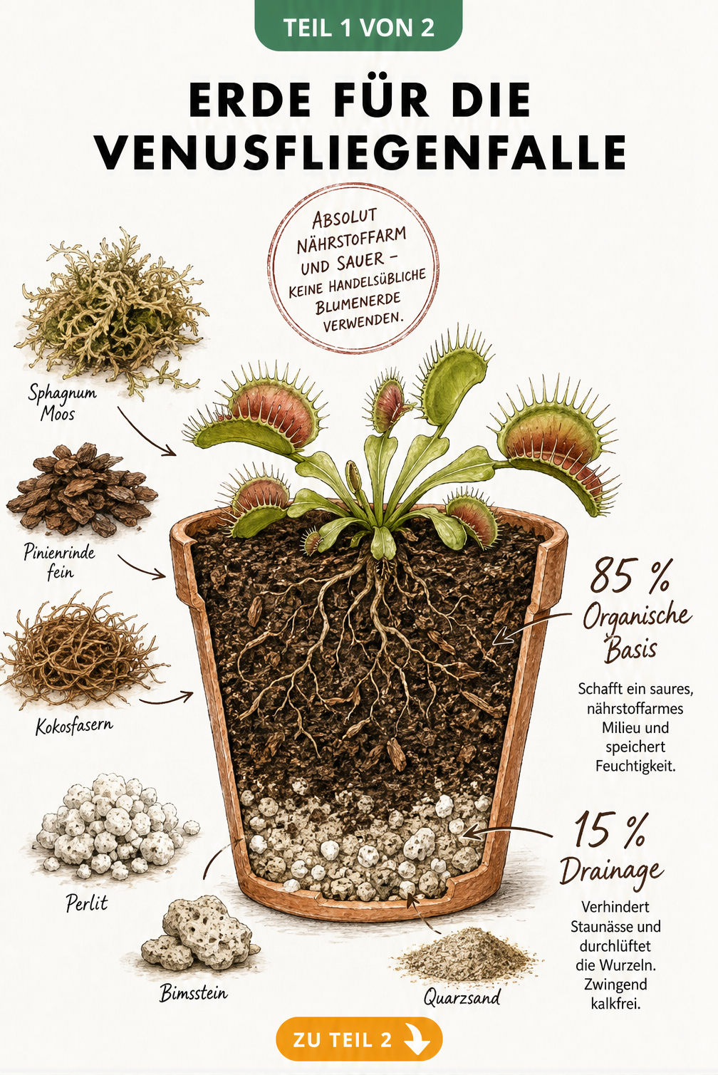 Querschnitt eines Terrakotta-Topfes mit dem Wurzelwerk einer Venusfliegenfalle, der das ideale Mischverhältnis von 85 % organischer Basis und 15 % Drainage...