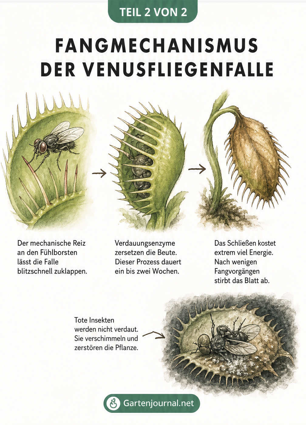 Dreiteilige Skizze des Fangmechanismus der Venusfliegenfalle vom Zuklappen bis zum absterbenden Blatt