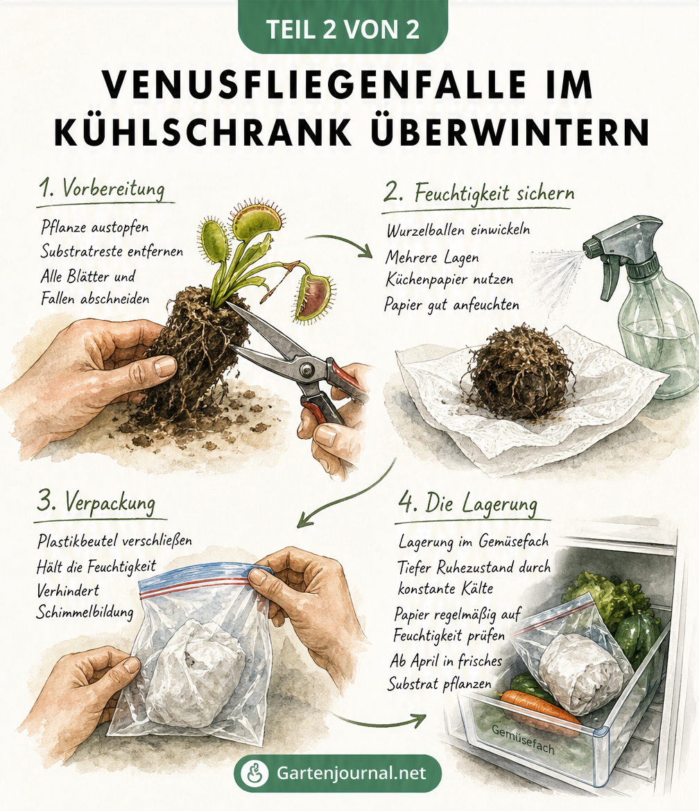 Vier Schritte zur Überwinterung der Venusfliegenfalle im Kühlschrank: Austopfen, in feuchtes Küchenpapier wickeln, in einen Plastikbeutel geben und im...