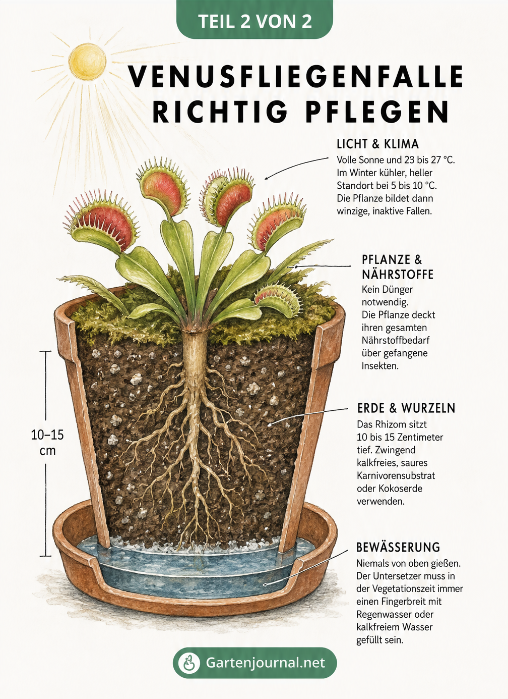 Querschnitt durch einen Blumentopf mit Venusfliegenfalle, der Erde, Wurzeln und Wasserversorgung zeigt