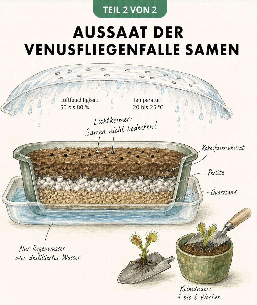 Querschnitt einer Anzuchtschale für Venusfliegenfalle-Samen mit Substratschichten, Wasserstand und Keimling