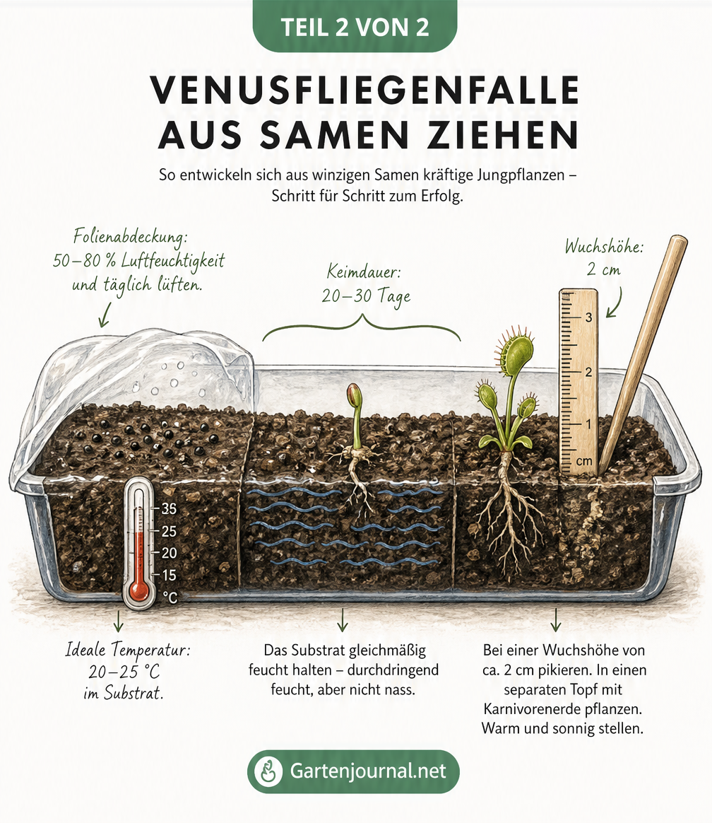 Querschnitt eines Anzuchtgefäßes, der die Entwicklung von Venusfliegenfallen-Samen über Keimlinge bis zur Jungpflanze zeigt