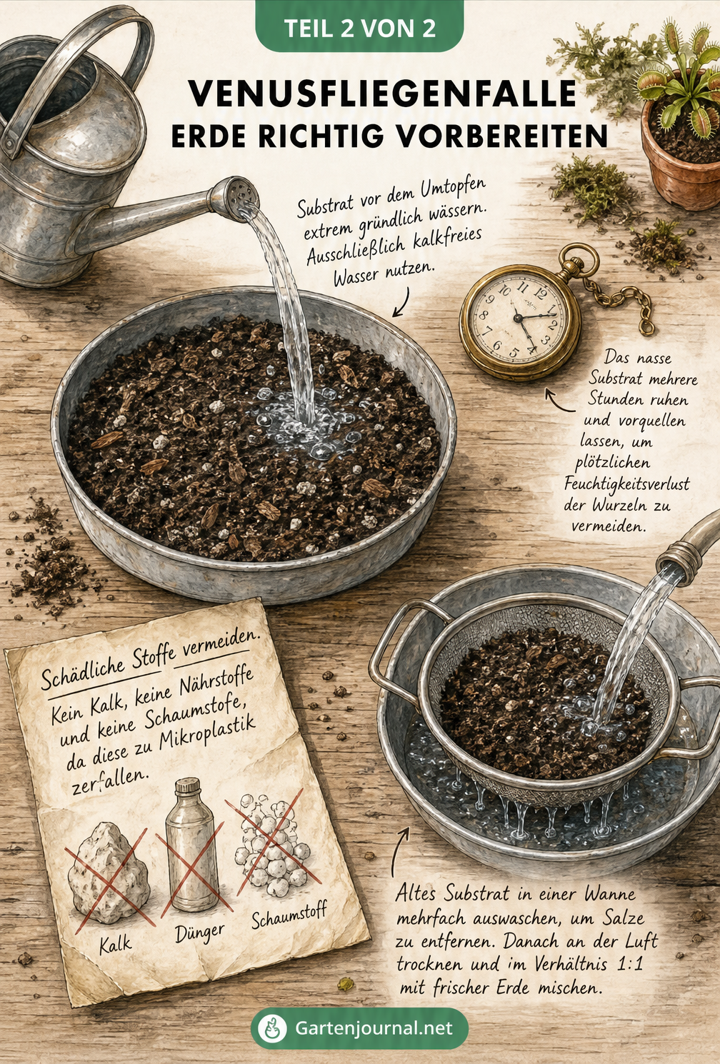 Illustration eines Pflanztisches mit Zubehör zum Anmischen von Substrat für die Venusfliegenfalle, inklusive Gießkanne, Sieb und Warnhinweisen zu Kalk und...