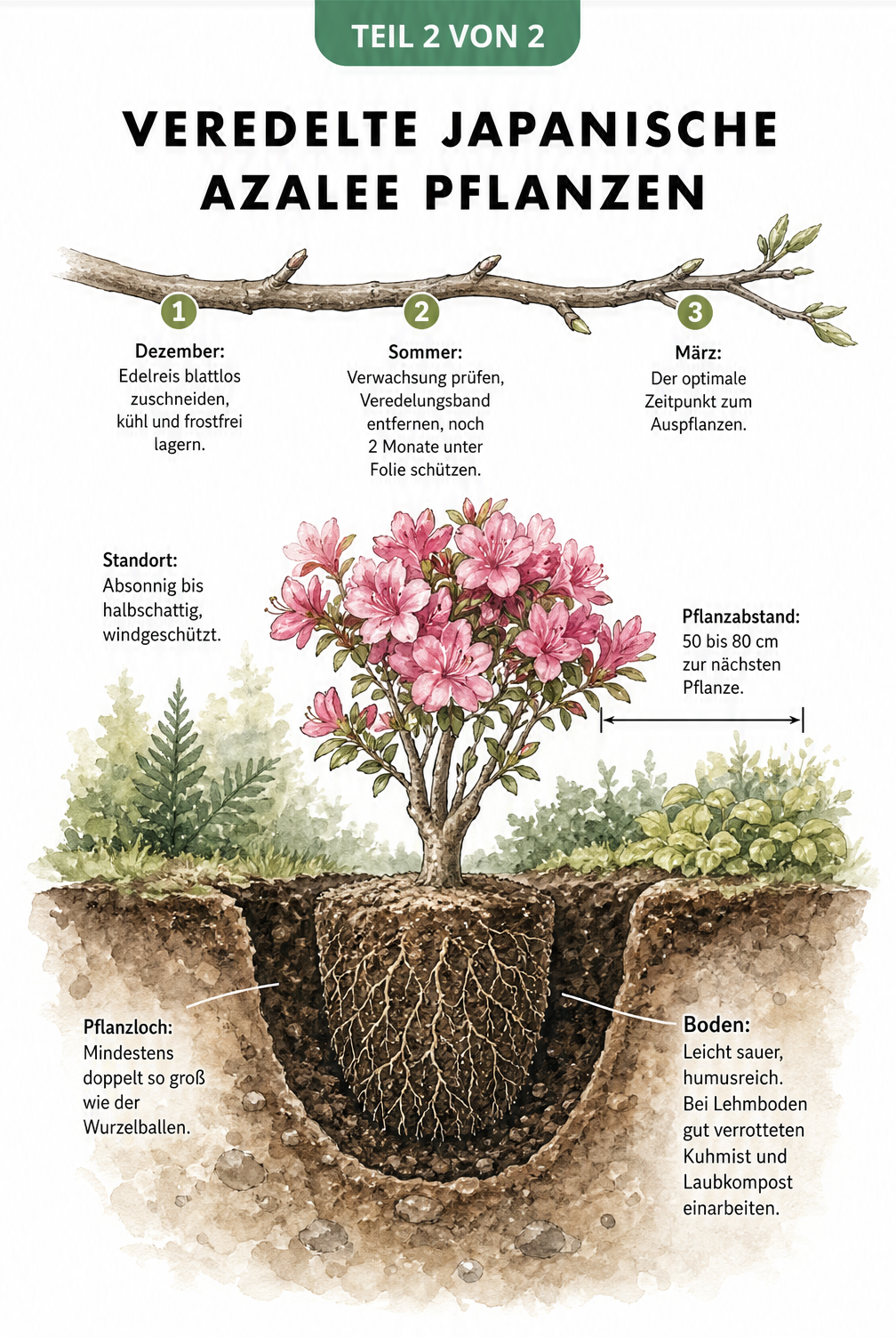 Querschnitt eines Gartenbodens mit einer frisch gepflanzten veredelten Azalee und einem Zeitstrahl zur Veredelung