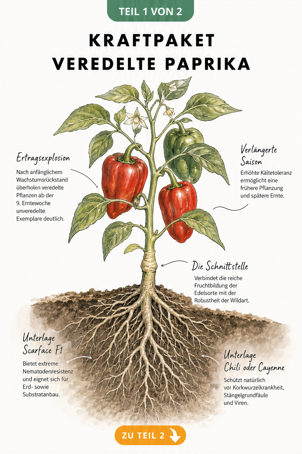 Botanische Illustration einer veredelten Paprikapflanze mit Wurzelquerschnitt und Ertragsinformationen
