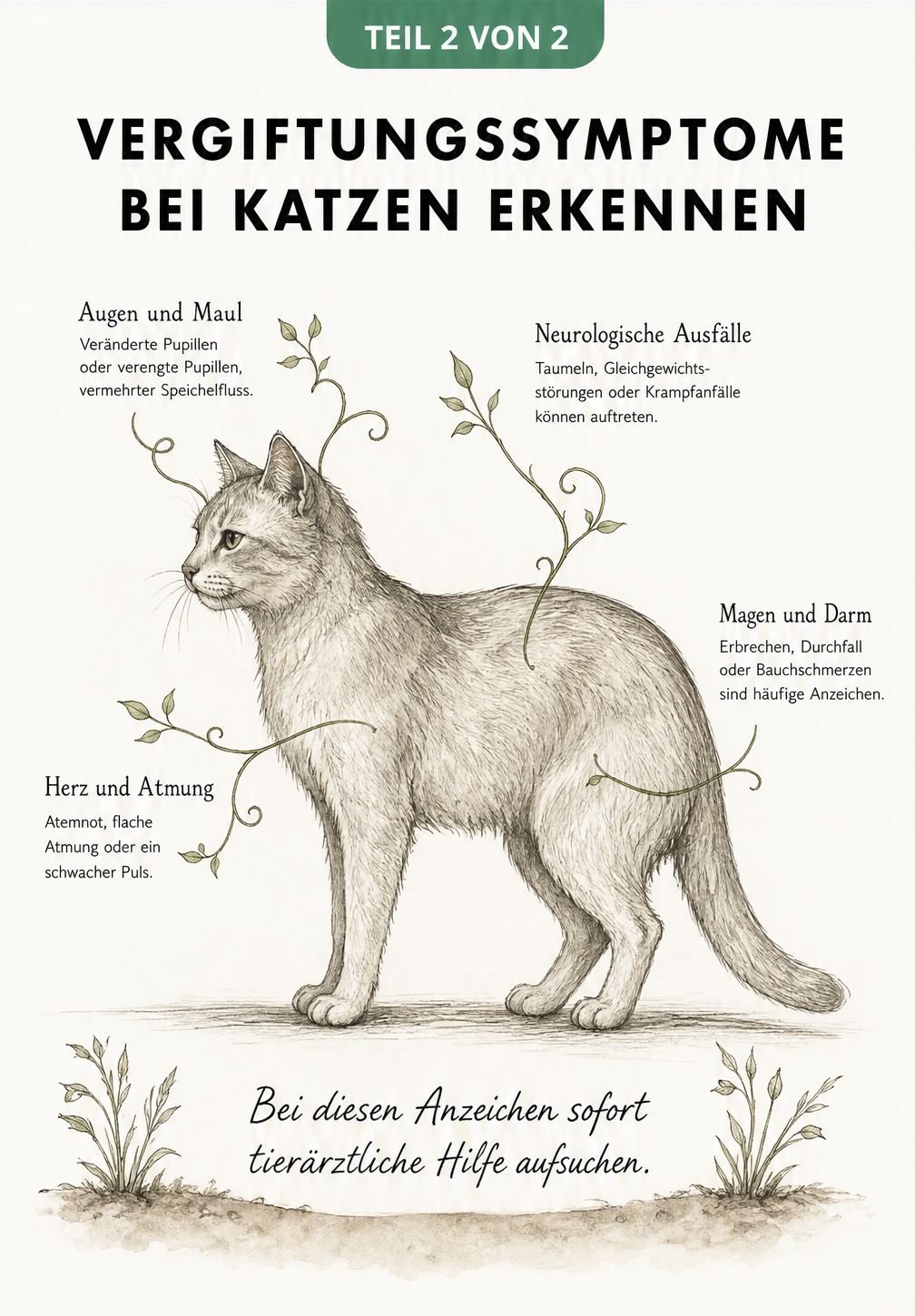Zeichnung einer Katze mit Markierungen zu Vergiftungssymptomen wie Erbrechen, Atemnot und neurologischen Ausfällen